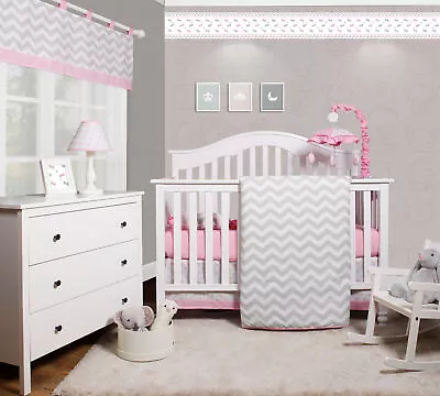 5PCS Bumperless Pink Grey Chevron Baby Girl Nursery Crib Bedding Sets OptimaBaby • $35