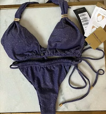 VIX Paula Hermanny BLUE Gold Finishing Bikini Set NWT MEDIUM. Draped Side Tie. • $89.99