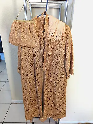 Raffia 3 Pc 1960's Vintage Golden Straw Dress Purse Gloves Outfit • $39.99