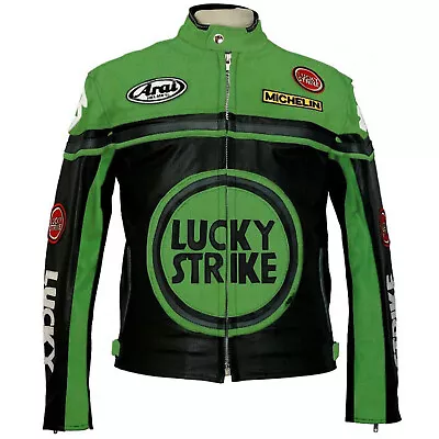 LUCKY STRIKE Leather Jacket Black And Green Motorbike Motorcycle Racing Jackets • $174.99
