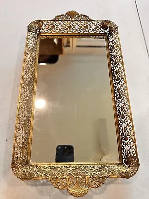 Vintage Mirror Tray Ormolu Filigree Vanity Dresser Rectangle Gold Gilt 18  X 10  • $119.99