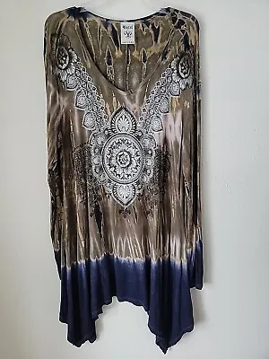 Vocal Womens Tunic Top Pullover 2X Tie Dye Embellished Handkerchief Hem   • $32