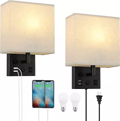 2pack Wall Lamp Plug In Wall Light Sconce Fabric Linen Shade Bedroom Living Room • $32.99