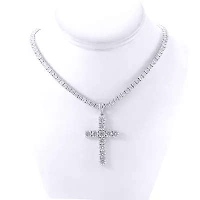 Mens Silver Finish Bling CZ Cross 4mm Tennis Chain 1 Row Necklace 18 Inches • $46.95