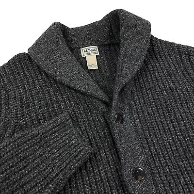 LL Bean Shawl Cardigan Lambswool Sweater Mens Size L SLIM FIT Heavey Knit Gray • $49