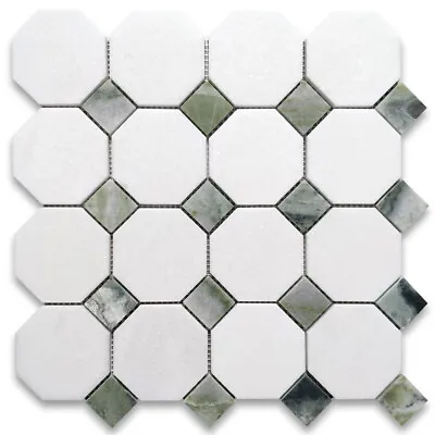 T812XH Thassos White Marble Octagon Mosaic Tile Sagano Green Dots Honed • $43.99