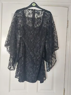 £9.99 • Buy D105 Womans Topshop Black Lace 3/4 Wide Sleeve Dress Attched Cami Uk 10 Eu 38