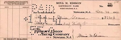 Mina M. Edison - Check Signed 12/24/1940 With Co-signers • $500