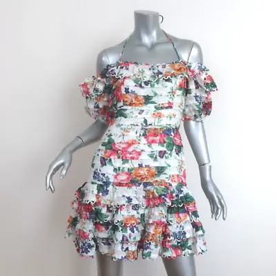 Zimmermann Off The Shoulder Mini Dress Allia White Floral Print Linen Size 2 • $450