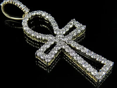 Mens 10K Yellow Gold Ankh Cross Border Genuine Diamond Pendant Charm 1.60ct 1.5  • $874.11
