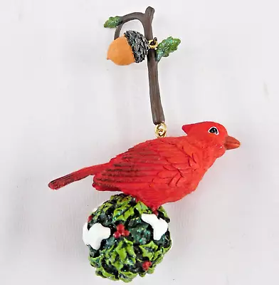 Cardinal On Mistletoe Ball Ceramic Christmas Ornament Bird 2 1/2  H (A-9) • $11.89