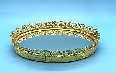 Vtg Oval Mirror Vanity Tray Perfume Holder 11  X 7.5  Gold  Filigree Stylebuilt • $22