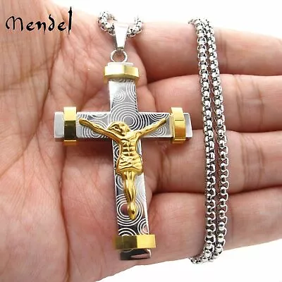 MENDEL Mens Titanium Gold Plated Catholic Crucifix Cross Pendant Necklace Men • $12.99