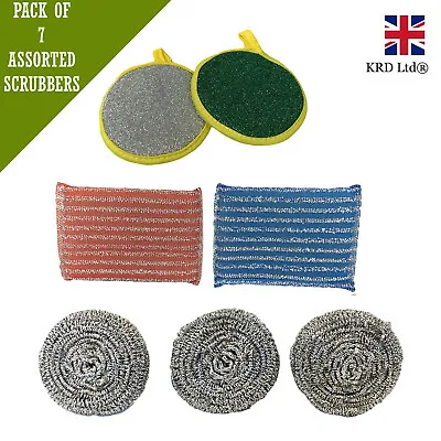 7pc Scourers & Sponge Kitchen Cleaning Set Microfibre Scrubbing Wire Pads Pan UK • £3.68