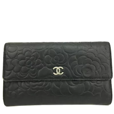 CHANEL Camellia CC Logo Black Leather Long Bifold Wallet/9Y1585 • $1