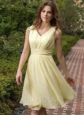 JJS House A Line V Neck Knee Length Chiffon Bridesmaid Dress Bow Ruffle Size 16 • £39.99