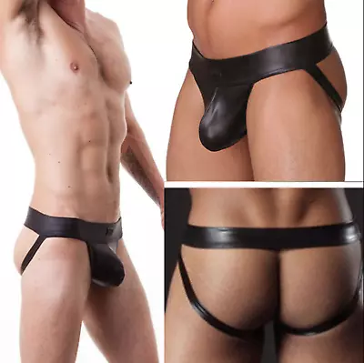 Mens Quality Underwear Faux Leather Jockstrap Penis Pouch Sexy Open Back Thong X • £9.89