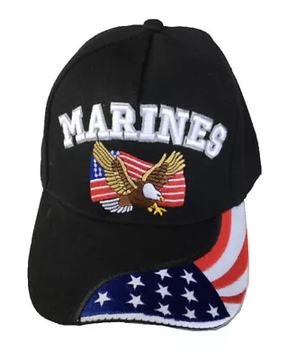U.S. Marine Corps Small Eagle On Flag Embroidered Black Hat • $11.79