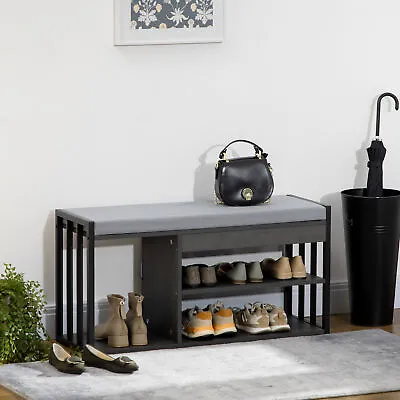 Shoe Bench With 3 Open Shelves And Seating Cushion For Entryway Hallway Grey • £59.99