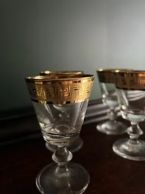 Vintage Liquor  Wine Glasses 5 Pcs Gold Greek Design Rim Italian Footed Glasses • $90