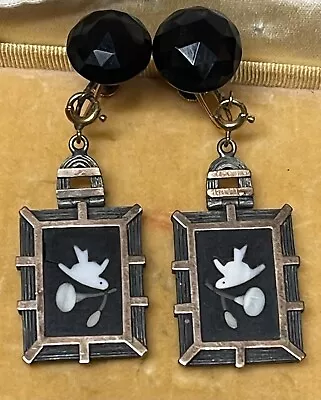 Antique Pietra Dura Inlaid Gold Filled Bird Mourning Glory  Earrings Jewelry GF • $127