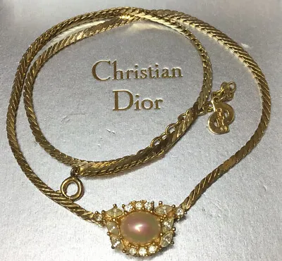 Vintage Christian Dior Signed Pearl & Marquise Crystal Pendant Necklace In Box • £125.50
