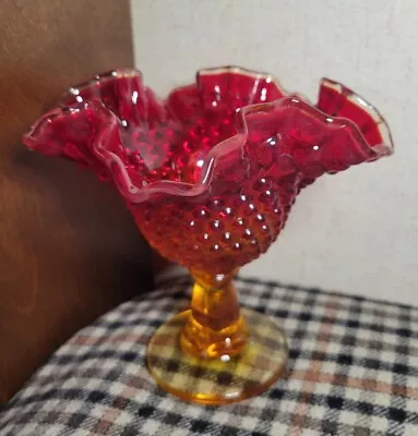 Vtg Fenton Hobnail Orange Amberina Glass Ruffled Edge Compote Candy Dish 5.5  • $35