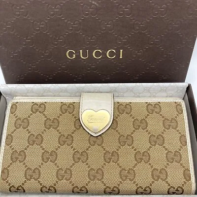 Auth Used GUCCI Purse Cow Leather Long Wallet Canvas 4360 Brown Heart  Italy • $77.40