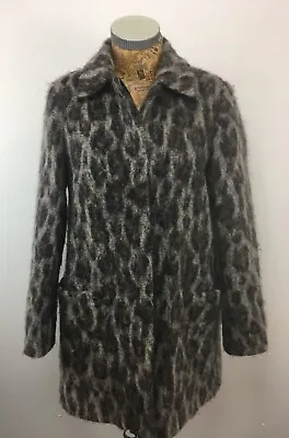 $46.29 • Buy ZARA COAT Knit Leopard Print Navy Grey Brown L Uk 12 Mid Long Winter Fuzzy