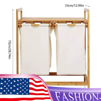 Bamboo Frame Laundry Hamper With Dual Basket Two-Sections Removable Laundry Bags • $37.05