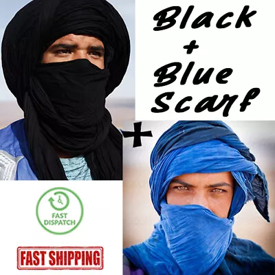 Scarf Tuareg Ethnic Turban Handmade Moroccan African Sahara Black Blue Unisex 2m • $29.99