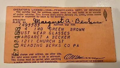 Vintage 1949 Drivers Operators License Reading Berks County Pennsylvania PA • $14.99