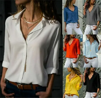 Womens Chiffon V Neck Tops Ladies Long Sleeve Buttons T Shirt Blouse Plus Size • £7.79