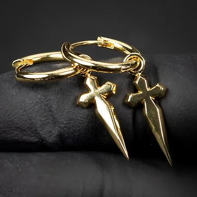 Men's Gold Plated Hanging Dagger Sword Cross Huggie Hoop Solid Earrings • $22.99