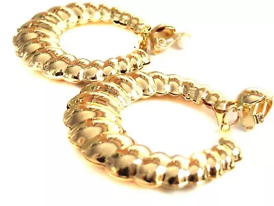 Clip-on Earrings Gold Tone Bamboo Hoop Earrings Puffy Circle Hoops 2 Inch Retro • $8.49