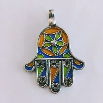 Moroccan Pendant Enamel Hamsa Silver Berber Kabyle Necklace Hand Amulet Fatima • $43