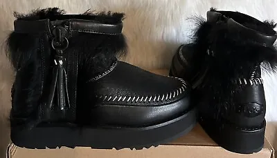 Ugg Fluff Punk Toscana Black Bomber Fur Zip Ankle Mini Boots Women’s Size Us 6 • $139