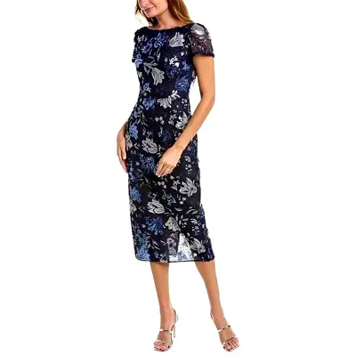 Marchesa Notte Womens Dress Size 12 Blue Floral Embroidered Sequin Midi New • $183.96