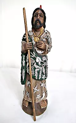 Vtg Mexican Santos 12.5  Tall Hand Carved Tinted Wood Statue San Judas; Milagros • $142.50