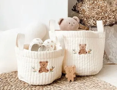£16.99 • Buy Baby Nursery Nappy Caddy Handle Storage Basket Quilted Teddy Bear Olive Tulip