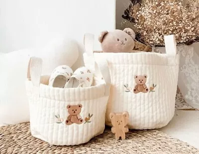 Baby Nursery Nappy Caddy Handle Storage Basket Quilted Teddy Bear Olive Tulip • £16.99