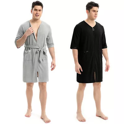 Mens Pajama Robe Waffle Solid Color Zipper Bathrobe Nightgown Pjs  Short Sleeve  • $14.80