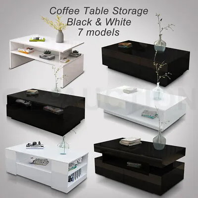 Modern Coffee Table Storage Drawer Cabinet High Gloss Furniture 7 Models BK/WH • $139.95