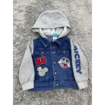 Disney Jean Jacket Kids 4T Toddlers Hooded Y2K Mickey Mouse Patchwork Denim Coat • $25