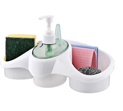 Washing Up Liquid Soap Dispenser And Sponge Holder Plastic For Kitchen Bathroom • £7.50