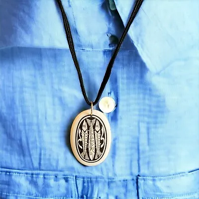 Porcelain 3 Fish Pendant Scrimshaw Looking On Black Cord 30 Inches • $10.44