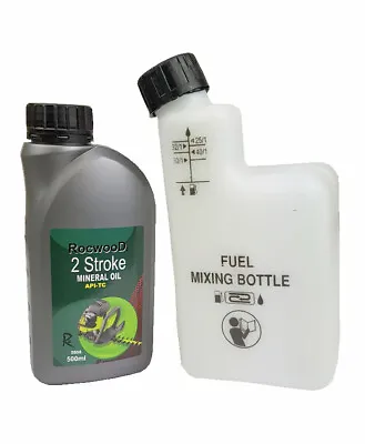 2 Stroke Oil 500ML & Fuel Petrol Mixing Bottle Ideal For Stihl Strimmer • £7.98