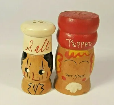 Vintage Wooden Salt & Pepper Shakers Mr. & Mrs. Chef W/ Chef Hat Made In Japan • $13.99