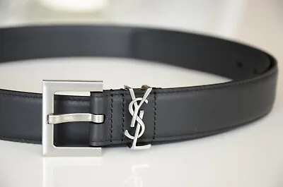 $275 • Buy Yves Saint Laurent YSL Black Leather Belt Silver Buckle Size 90 / 36