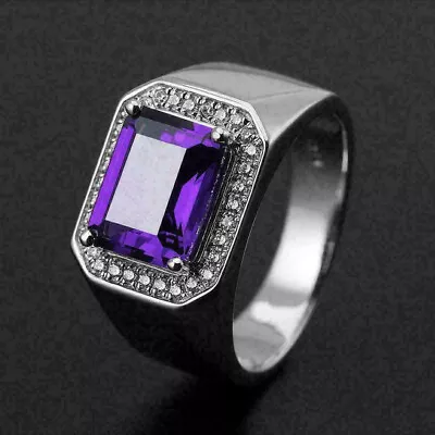 3Ct Emerald Cut Purple Amethyst Men's Engagement Halo Ring 14K White Gold Plated • $77.99